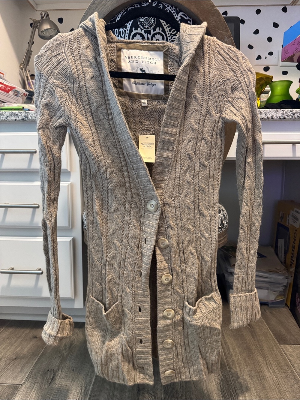 Vintage Abercrombie & Fitch Cable Knit Hooded Long Cardigan Beige & Gray Small